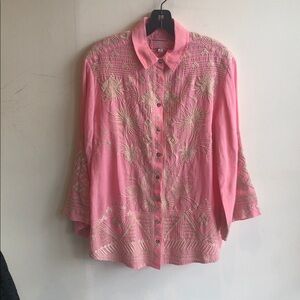 Johnny Was Pink Floral Embroidered Blouse